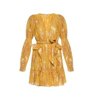 Ulla Johnson Silk Mini Dress Sz 4 Ursa Yellow Citrine Ruffle Gold Metallic